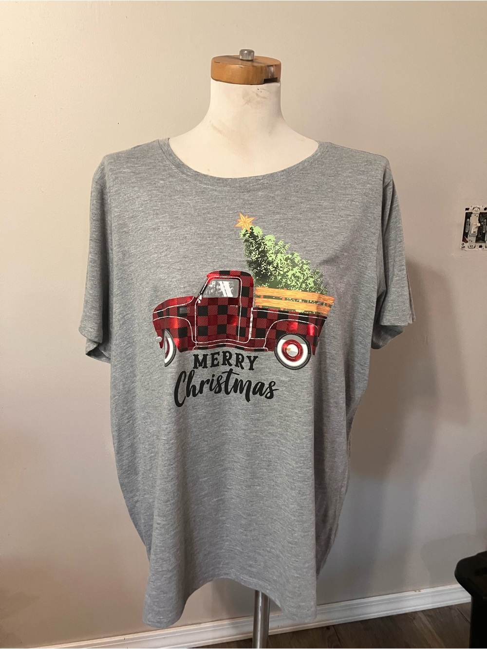 Holiday Time Gray Tee with Red Buffalo-Check Truck and Green Tree